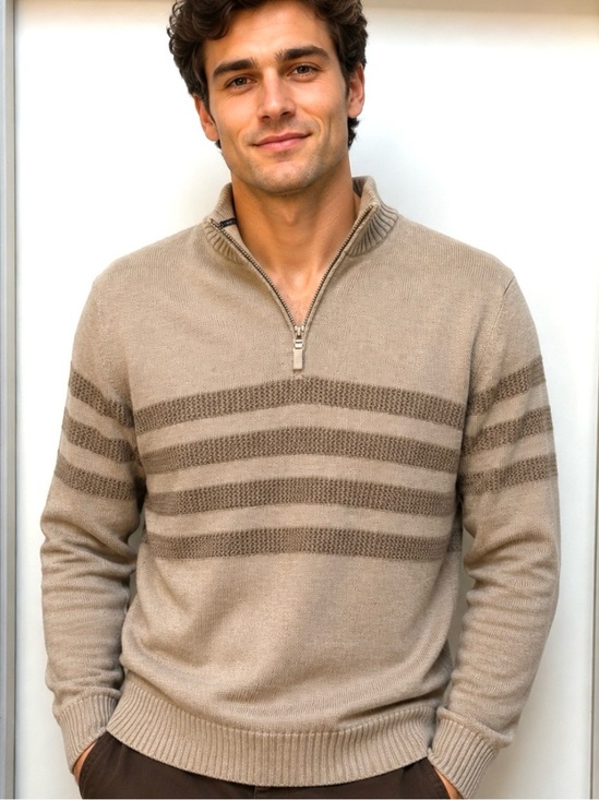 Tahari Other - Tahari Mens Tan Quarter Zip Sweater Striped Cotton Knit Mock Neck Pullover Large